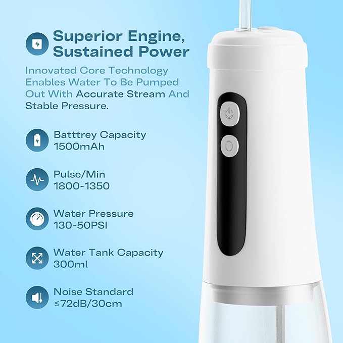 Cordless Water Flosser | Oral Irrigator for Sensitive Gums & Braces | Built-in Light for Self-Cleaning |4 Tips 2 Modes 18 Pressure Settings, Bag | Portable Water Flossers Rechargeable & Waterproof