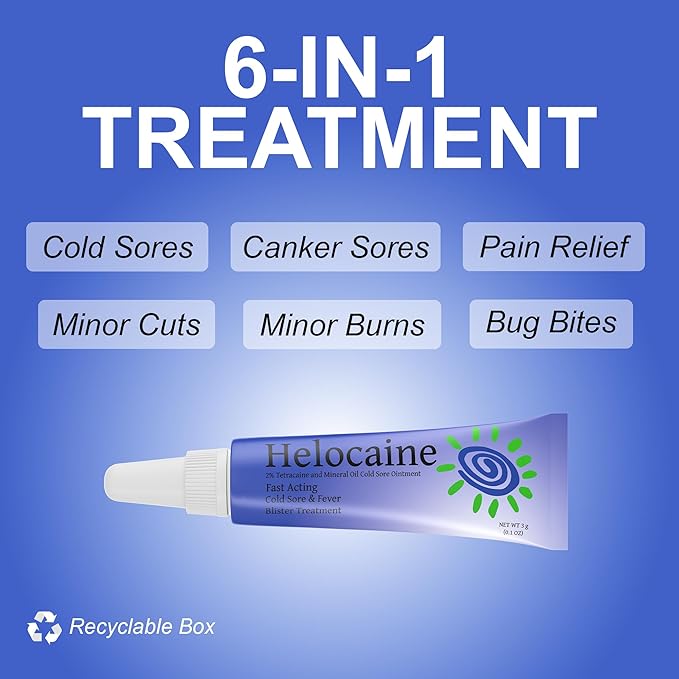 Helocaine Fast Acting Cold Sore Canker Sore Treatment for Lips & Inside Mouth, Oral and Topical Rapid Pain Relief Over-The-Counter, 3g, 0.1 oz Tube, 1 Pack