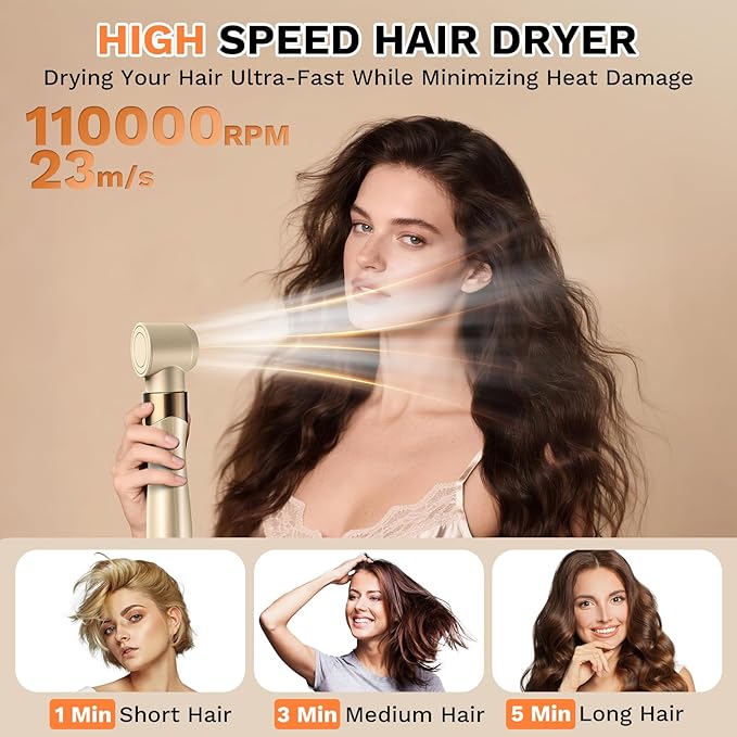 6 in 1 Hair Dryer Brush, 110,000 RPM High-Speed Blow Dryer Brush, No Heat Damage Hair Styler Auto Curler for Fast Drying, Curling, Volumizing, Straightening with Travel Bag