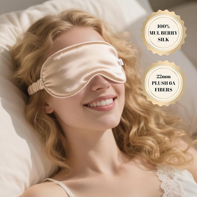 CroYumert 100% Pure Mulberry Silk Eye Mask - 22 Momme Adjustable Strap, Light Blocking, Silk Storage Bag & Gift Box - for Sleep/Travel/Gift, Sensitive Skin Friendly (Champagne)