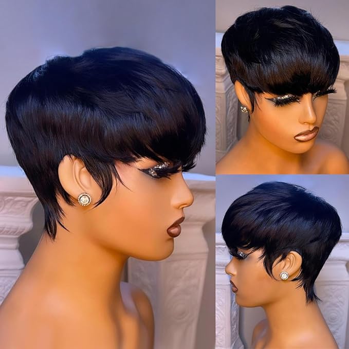 Short bob wig for black women Pixie Cut Wig Human Hair Short Bob layered Natural Black Straight Humah Hair full machine made Glueless Wigs With Bangs for Ladies daily use