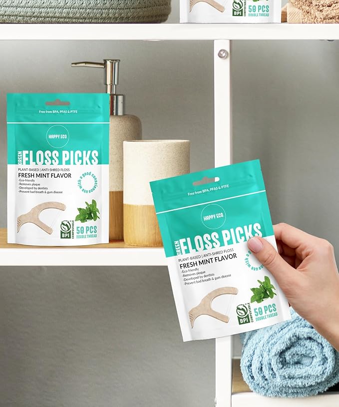 Dental Floss Picks (100pcs) - Flossers for Adults, Vegan Corn-Straw Handle, Superior Oral Care & Anti-Shred Thread, Dental Hygiene, Tooth Pick Sticks, Teeth & Gum Health (Mint, Single Thread)