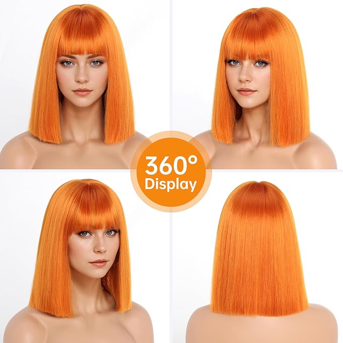 Orange Wig With Bangs Short Bob Straight Wigs for Women Shoulder Length Orange Natural Looking Synthetic Heat Resistant Fiber Wigs for Halloween Costumes Cosplay Daily Use(12 Inch)