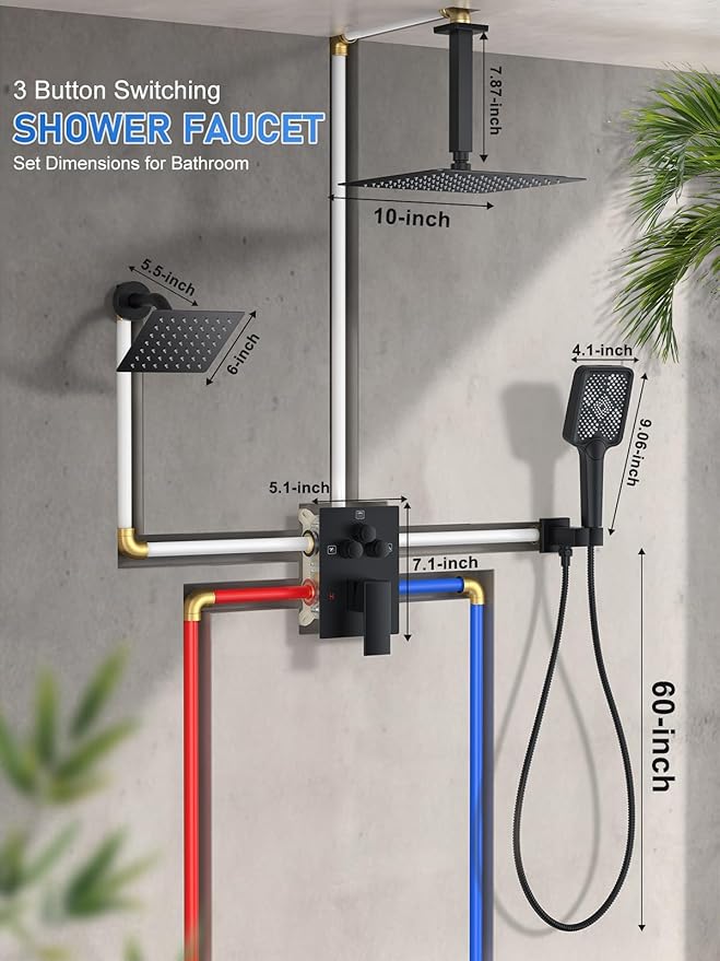 Shower Faucet Set, 10" Ceiling Mount Rainfall Shower System with 10'' Top Head+6'' Side Head and Multi-function Handheld Head Push Button Diverter Shower Faucet Trim Kit Matte Black