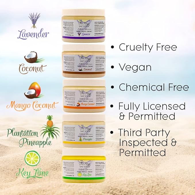 The Keys Salt Scrub -Sea Salt Scrub - Exfoliating Body Scrub with Wooden Spoon - Moisturizing Exfoliator for Hands, Foot, Bath, (12 Ounce (Pack of 3), Mango Coconut)