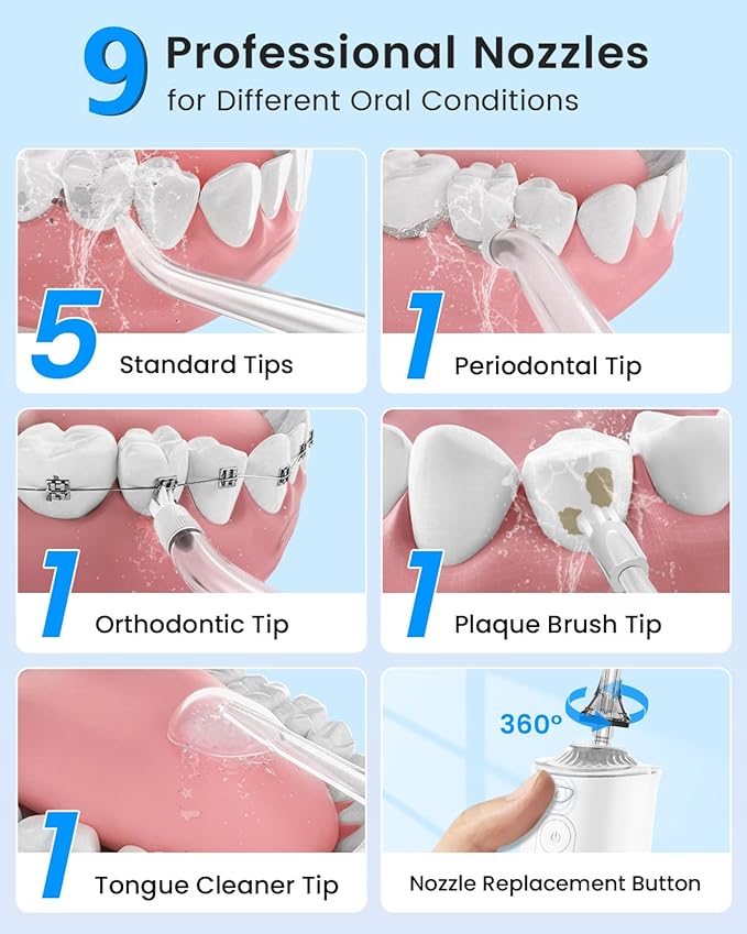 VIMMK Water Flosser, Cordless Water Dental Flosser, 9 Jet Tips 5 Modes 300ML IPX7 Waterproof, Portable Rechargeable Oral Irrigator for Home Travel - Gums, Orthodontic, Braces Care - Black (White)