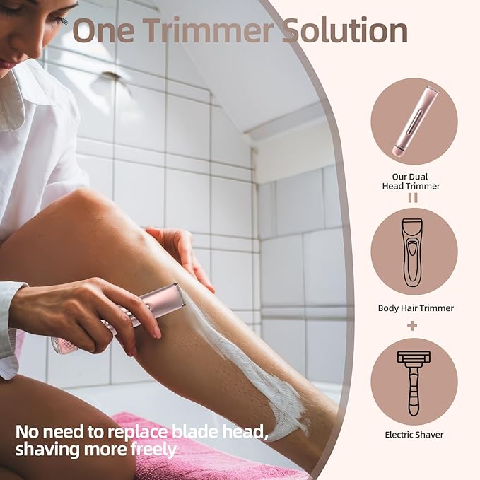 Bikini Trimmer for Women, 2 in 1 Electric Razors for Women, Bikini Shaver with Dual Heads, Body and Facial Hair Removal, IPX7 Waterproof Wet & Dry Use, for Face Chin Pubic Underarm Legs