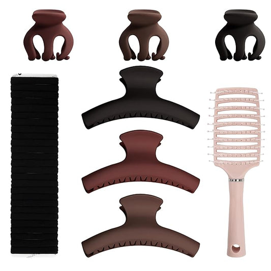 Dark Tones Hair Accessories Set - 3 Large Hair Claw Clips, 3 Small Claw Clips, Hair Brush, 28 Hair Ties for Women | Non-Slip for Thick & Thin Hair (Burgundy, Brown, Black)