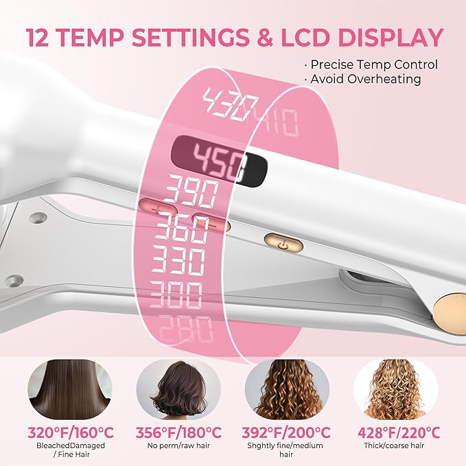 Hair Crimper Waver Curling Iron, 1/2 Inch Beach Waves Curling Wands, Ceramic 2 Barrels Deep Waver, Dual Voltage Hair Culer Tools with EU/UK Plug Adapter,12 Temps, 30S Heat up, Auto-Off (White Gold)