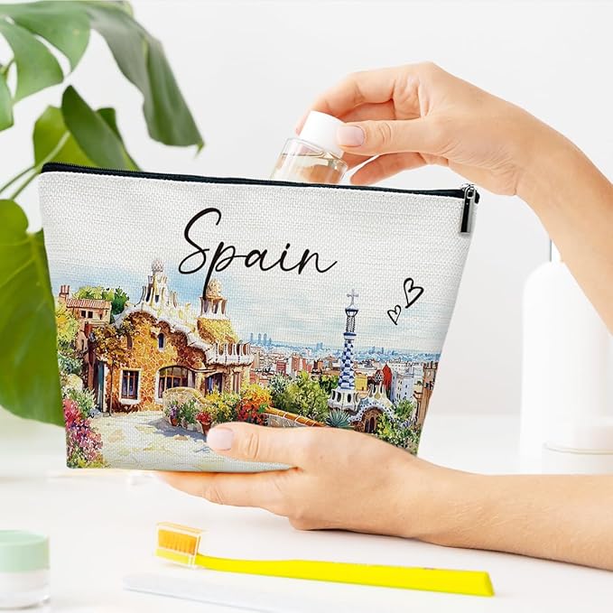 Ythuil Spain Travelling Gift Makeup Bag, City Travel Cosmetic Bag for Purse, Watercolor Makeup Bags, Spain Souvenir, Trip Favors for Traveller Lovers, City Themed Organizer