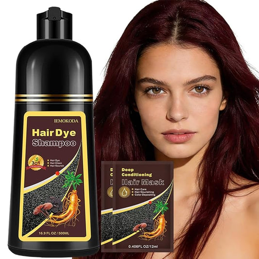 Instant Dark Wine Red Hair Dye Shampoo for 100% Gray Hair Coverage, Natural Herbal Hair Color Shampoo Hair Dye, 3 in 1 Coloring & Care Formula Lasts 3-4 Weeks, Easy & Quick to Use for Women Men, 500ML