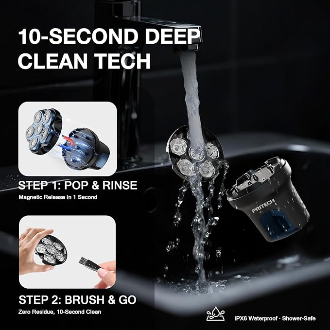 PRITECH Head Shaver for Bald Men - Effortless 6D Floating Shave,Electric Head Shavers for Men & Bald Head Shavers,Waterproof Cordless Razor for Smooth Scalp,Face & Perfect Beard,2-Speed,80Min Runtime