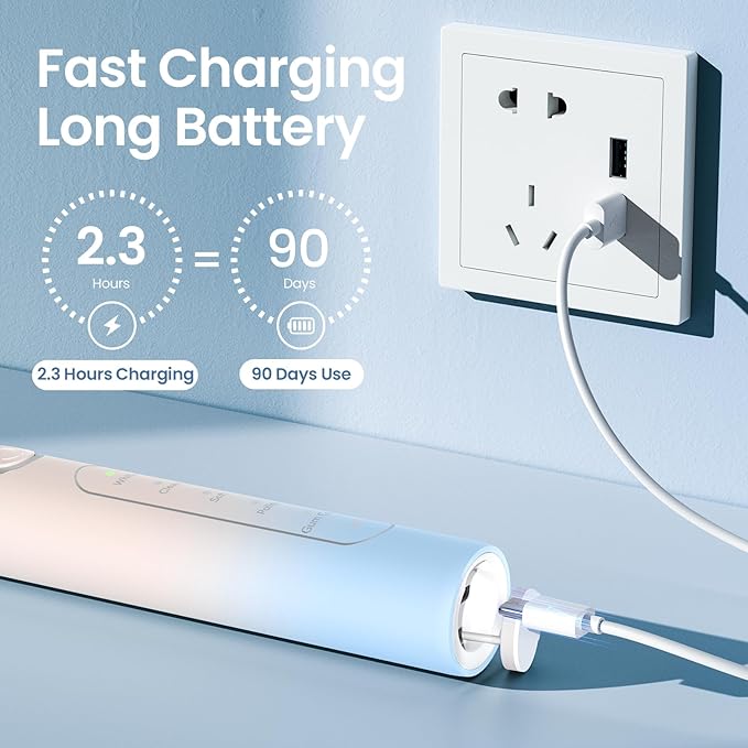 YUNCHI Electric Toothbrush Birthday/Valentine Plastic 8 Heads 24-Mo Deep Cleans Gentle Gums Removes Stains 3Hr USB-C 90d 2-Min Timer/30s IPX7 - Yellow Blue