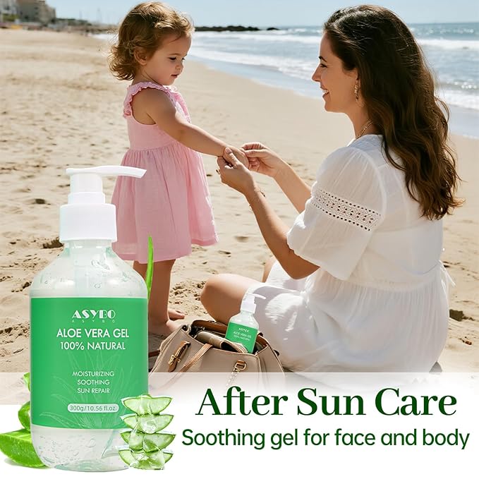 ASYBO Aloe Vera Gel 300 ml – 100% Natural Pure Aloe Vera for Face Body Hair, Soothing and Nourishing Moisturising Aloe Cream for Dry Skin, Sunburn, Acne, After Sun Lotion