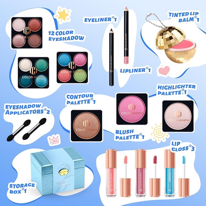 Color Nymph Makeup Sets For Teens Girls with Storage Box, All In One Girls Make up Kit for Girl Women Full Kit with Eyeshadow Blush Contour Highlighter Lipgloss Lipliner Eyeliner Lip Balm and Mirror