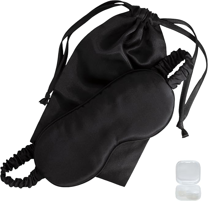 Satavi Naturals Mulberry Soft Silk Eye Mask for Sleeping with Ear Plugs & Luxury Bag - Cooling Night Eye Covers Sleep Face Mask for Women - Blindfold Travel Eye Mask Blocking Out Light - Black