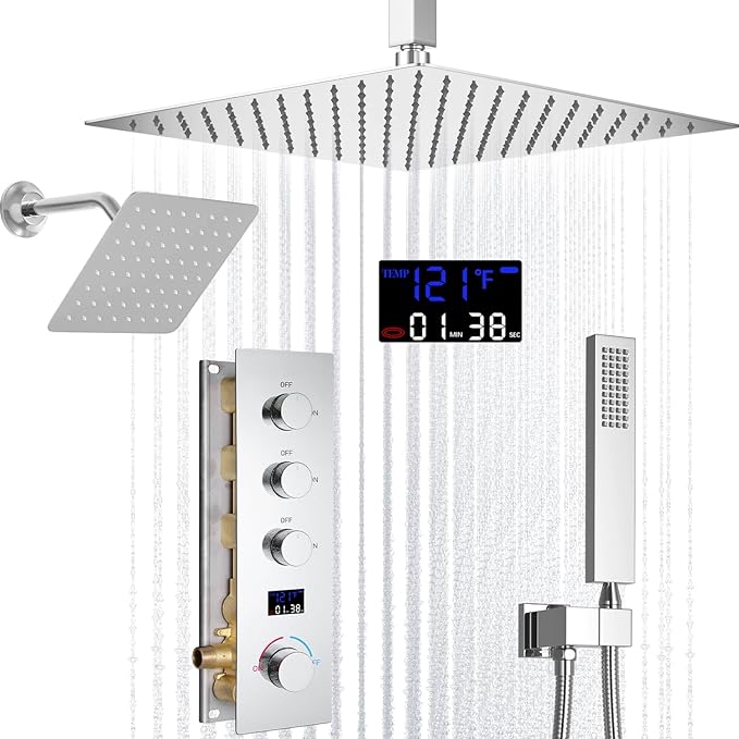 AYIVG Chrome Thermostatic Rainfall Shower System 12 Inch And 8 Inch Dual Square Shower Head System Ceiling Mount Bathroom Temperature Display Shower Faucet Set With Handled Spray