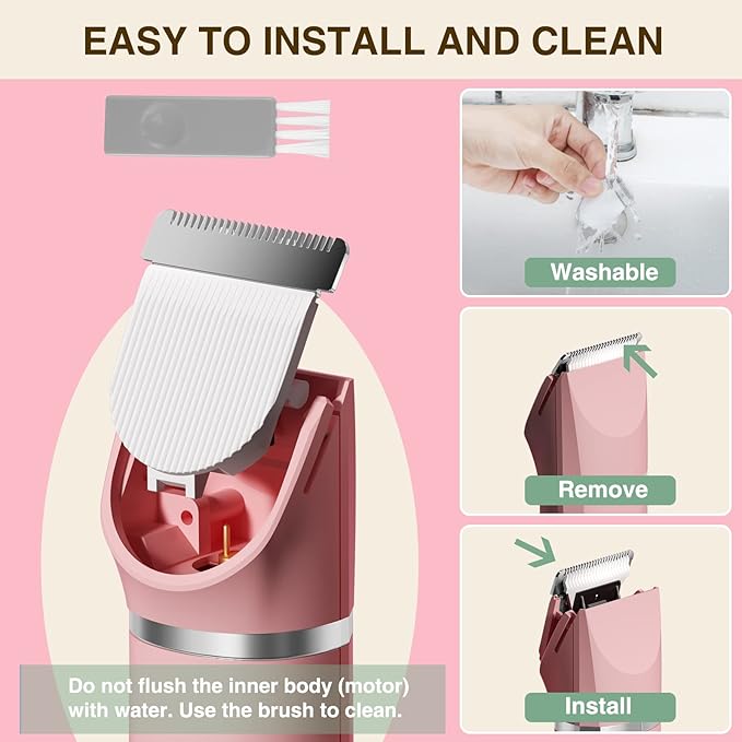 Bikini Trimmer for Women,Rechargeable Ladies Bikini Hair Trimmer Removal with Snap-in Ceramic Blades IP7X Washable Head,Pink