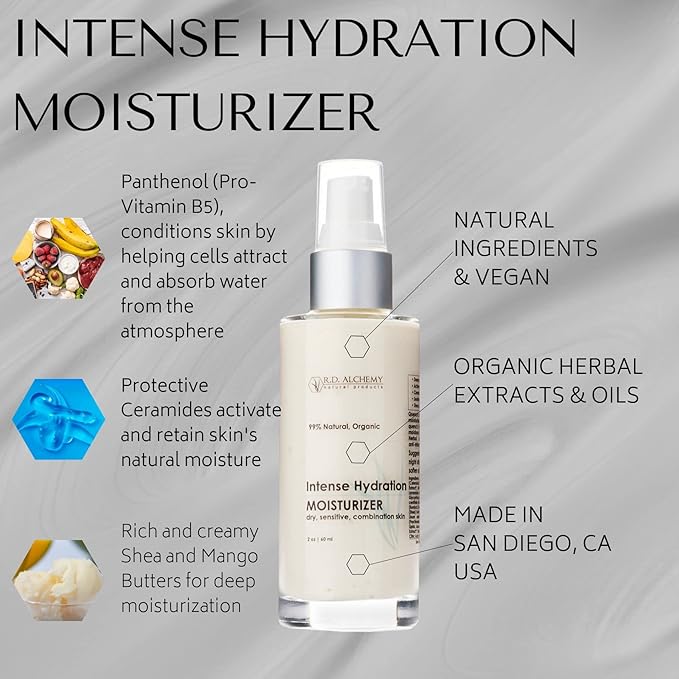 RD Alchemy - 99% Natural & Organic Intense Hydration Moisturizing Cream - Lightweight, deeply hydrating moisturizer for dry skin, smooths fine lines and wrinkles leaving skin soft and glowing.