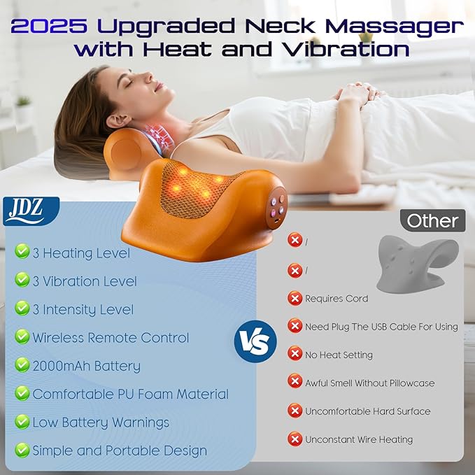 JDZ Neck Massager with Heat, 3-in-1 Electric Cervical Massager for Pain Relief with Hot Compress, Ergonomic Neck and Shoulder Relaxer Stretcher - ldeal Gift for Office Athletes Everyone etc. Brown