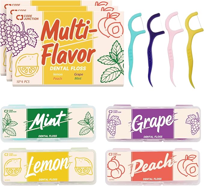 Travel Floss Picks, 4-Flavor Variety Pack (Mint, Strawberry, Lemon, Grape), 120 Count Dental Floss for Adults (3 Boxes of 4 Travel Packs)
