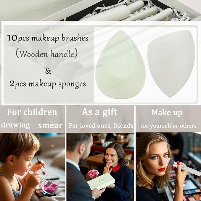 YJ-Anyue Gift Ready 10 Piece grayish green Makeup Brushs Set and 2 Piece Makeup Sponge – Wooden Handle with Soft Synthetic Bristles, Concealer, Powder – (Ideal for Christmas, Birthday, Women)