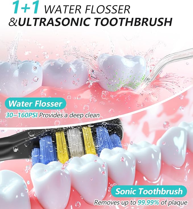 Water Flosser & Ultrasonic Electric Toothbrush Combo, 600ML Water Dental Flosser with 7 Jet Tips, 10 Adjustable Water Pressure, 5 Toothbrush Heads for Home Use, Gums, Braces (Dark)