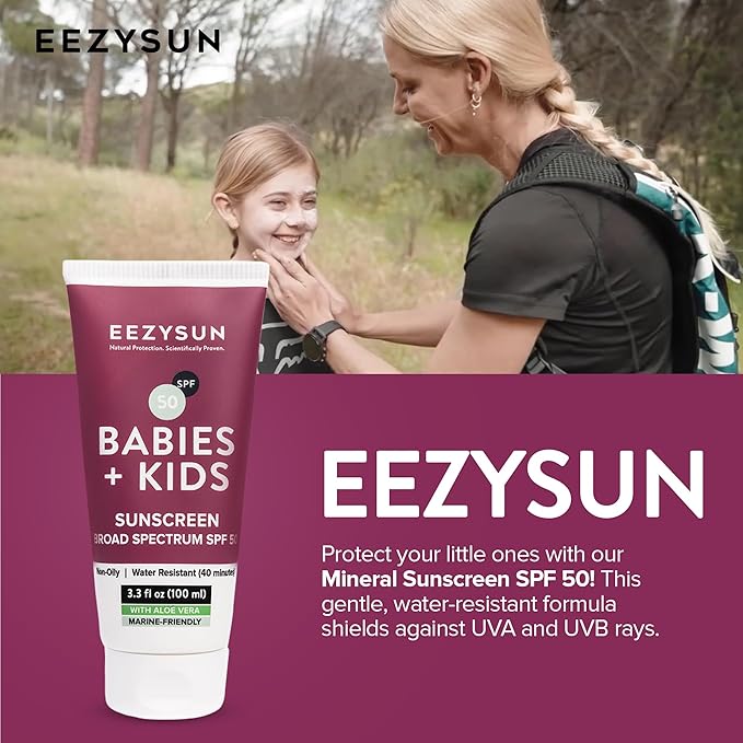 EEZYSUN Babies & Kids SPF 50 Mineral Sunscreen | Dermatologically Tested for Sensitive Skin | Contains Aloe Vera | Sweat/Water Resistant | Cruelty-Free | Reef-Safe | Travel Size - 3.3 FL OZ