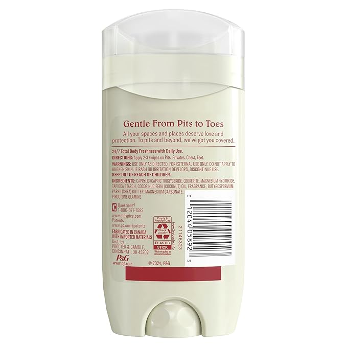 Old Spice Whole Body Deodorant Stick for Men, Aluminum Free, Vanilla + Shea Scent, 24/7 Odor Protection, 24/7 Lasting Freshness, Dermatologist Tested, Gentle on Skin, Safe to Use All Over, 3.0 oz