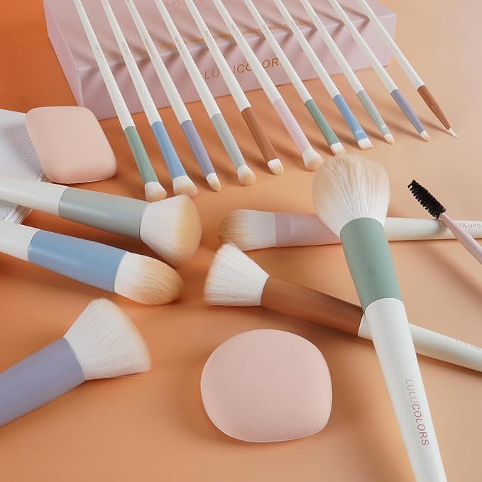LULUCOLORS Colorful Series 18-Pcs Makeup Brush Set with Soft, Cruelty-Free Synthetic Bristles, Wooden Matte Handles, 2 Latex-Free Makeup Sponges & Travel Storage Bag – Face & Eye Brushes for Makeup