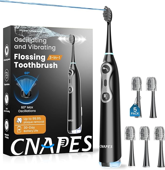 3-in-1 Flossing Toothbrush – Flosses, Vibrates and Oscillates, Electric Toothbrush with Water Flosser for Adults, 5 Brush Heads, 3 Modes for Plaque Removal, Sensitivity & Braces, Travel - Black