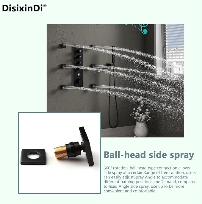 35.5X12 Inch Ceiling LED Music Dual Rain Shower Head Fit 2 Person Bathroom, Smart Large Luxury Thermostatic Rainfall Shower System Fixtures Set (Matte Black, Shower System With Body Jets)