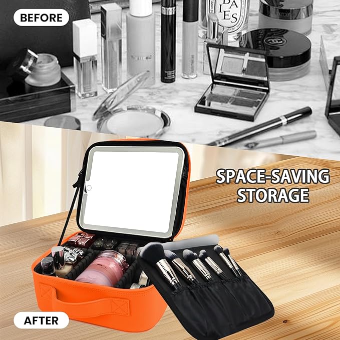 SUILU Travel Makeup Bag with LED Mirror and Light Travel Makeup Case Cosmetic Organizer Portable Cosmetic Brush Organizer Bag with Adjustable Dividers for Cosmetics Makeup Brushes Toiletry (Orange)