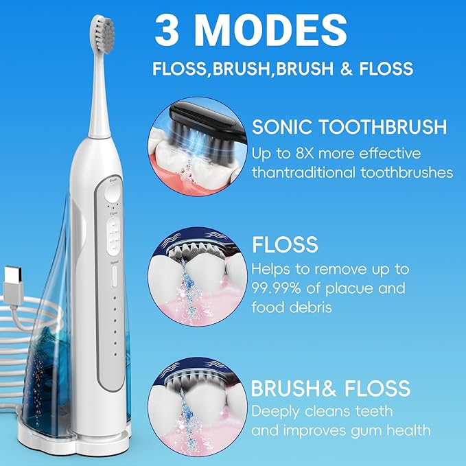 Electric Toothbrush with Water Flosser, 3-in-1 Sonic Modes, 5 Flossing Speeds with 2 Brushes + 2 Nozzles, Portable Flossing Toothbrush Combo for Adults Teeth Cleaning Kit for Travel (White)