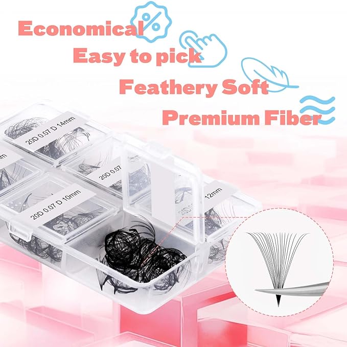 FADLASH Premade Fans Eyelash Extensions 300pcs 20D Premade Lash Fans D Curl Pre Made Fans Lash Extensions Volume Eyelash Extensions Premade Eyelash Fans Loose Fans (20D-07D-9-14mm)
