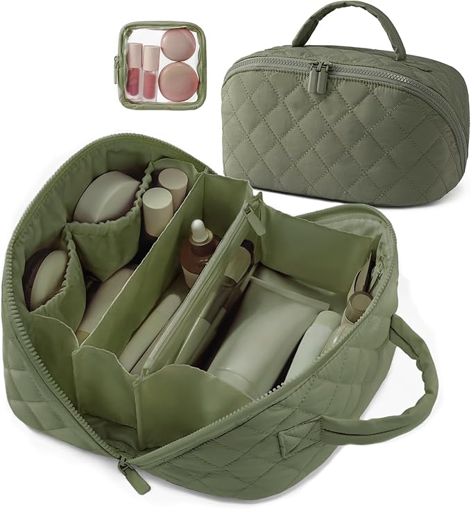 Toiletry Bag for Women, Travel Makeup Bag Organizer, Wide Open Lay-Flat Water-Resistant Large Cosmetic Case, Puffy Padded Travel Organizer for Toiletries & Brushes Large Capacity with Compartments