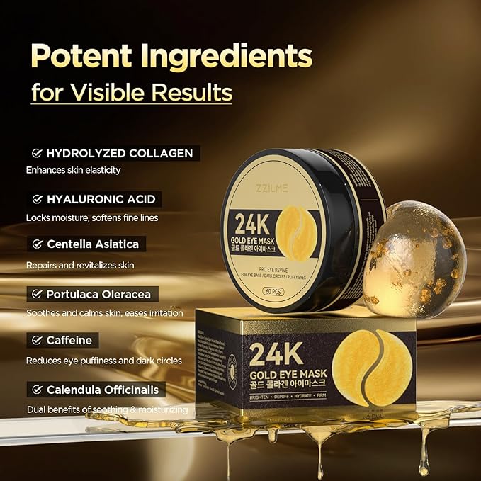 ZZILME 24k Gold Eye Patches - Firming, Glowing & Hydrating Hydrogel Mask for Puffy Eyes, Dark Circles, Wrinkles, Eye Bags Treatment, Fine Lines, Korean Skincare Gifts for Men and Women, 60Pcs