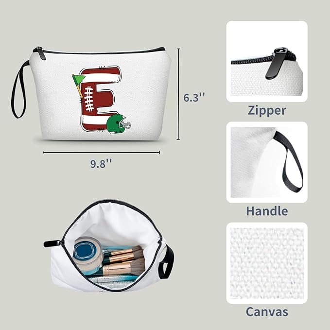 ARIOSEY Football Initial Birthday Graduation Gifts Cosmetic Travel Toiletry Bags Football Accessories Party Favors for Women Girls Daughter Niece Team Coach Friends -E