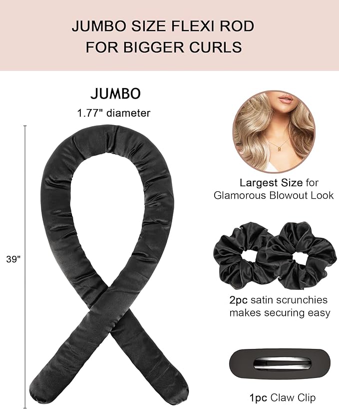 Jumbo Heatless Curls Overnight Hair Curler to Sleep In Soft Satin Large Hair Rollers Flexi Rods for Long Hair Blowout Look Big Curl, No Heat Overnight Curls, Heatless Curling Rod Set with Claw Clip