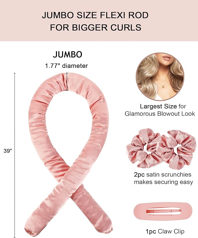 Jumbo Heatless Curls Overnight Hair Curlers to Sleep In Large Hair Rollers for Long Hair Blowout Look No Heat Overnight Curls, Soft Satin Flexi Rods Heatless Curling Rod Set Styling Tools for Women