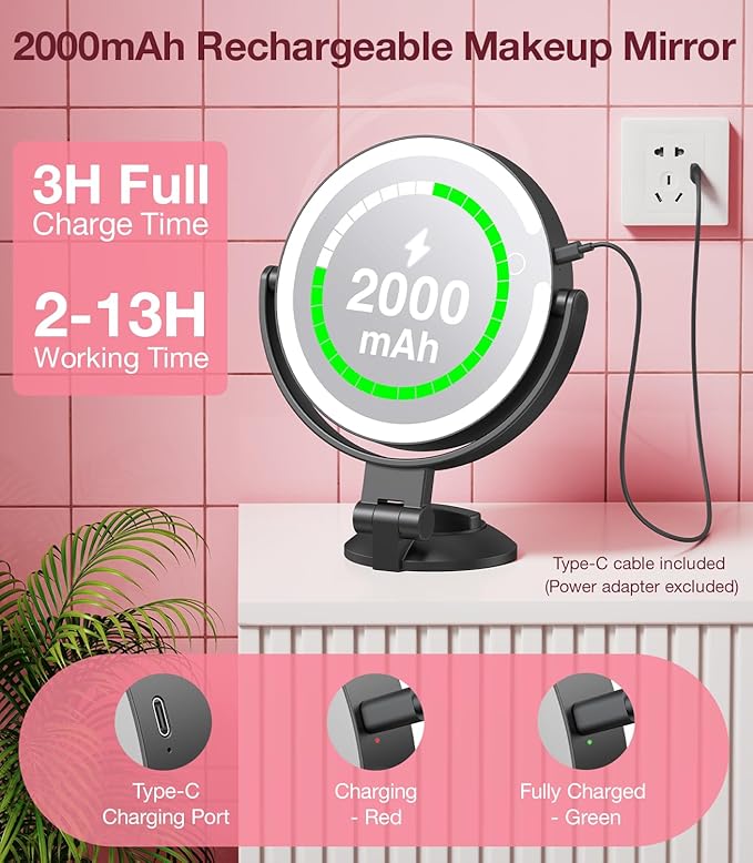 Benbilry Suction Cup Magnifying Mirror with Light 10X, Wall Mounted Makeup Mirror with Suction Cup for Bathroom, 3 Color Lights and Adjustable Brightness, 2 in 1 Tabletop for Desk - Black