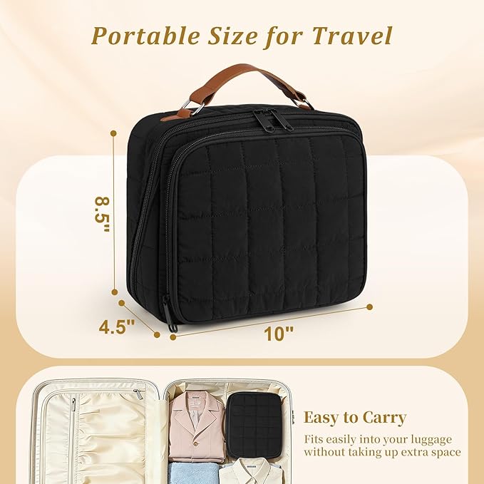 MOKURA Travel Makeup Bag for Women, Large Capacity Standing Make up Pouch, Quilted Waterproof Cosmetic Organizer with Jewelry Compartments, Portable Toiletry Case, Gifts for Women, Black