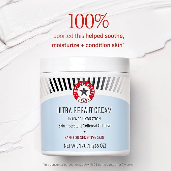 First Aid Beauty - Ultra Repair Cream - Hydrating Face & Body Moisturizer - Whipped Colloidal Oatmeal Clinically Proven to Strengthen Skin Barrier in 7 Days - Helps Relieve Eczema, 6oz Plus 1oz Tube