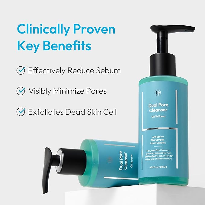 LAB BY He is_ Dual Pore Cleanser, Deep Pore Cleansing & Exfoliating Salicylic Acid, Oil to Foam Daily Hydrating Facial Wash for Blackhead Oily, Dry, Sensitive Skin for men Korean Skincare 6.76 fl.oz