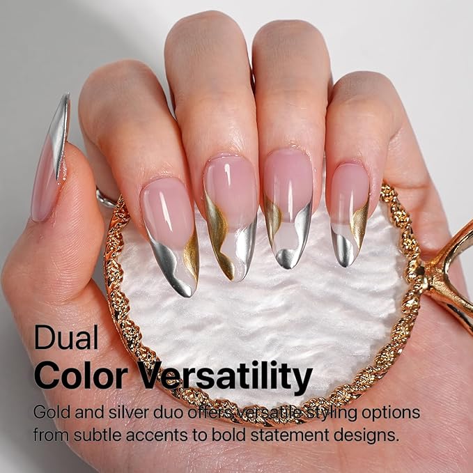 SXC Cosmetics Gel Liner Nail Art Set – Gold & Silver 2pcs Gel Liner Nail Art Chrome 3D High-Gloss Effect for Nail Paint Design with Thin Brush DIY French Manicure Curing Requires