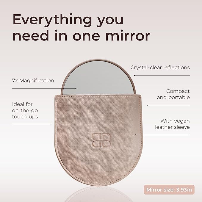 Beautifect 7X Magnifying Mirror - Compact Travel Mirror with Vegan Leather Sleeve - Matte Gold