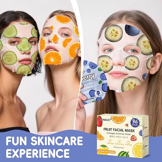 KONEUK 36 Pack Colorful Fruit Face Mask Set, Hydrating & Moisturizing, Bulk Sheet Facial Mask for All Skin Types, Collagen Face Masks Skincare for Women, Valentines Day Gifts and Spa Party Gifts