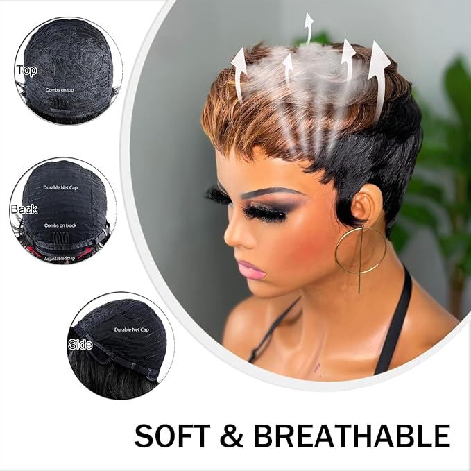 Pixie Cut Wigs for Black Women Short Layered Haircut Pixie Cut Wig Human Hair Natural Black and 4/30 colored Full Machine Made Glueless Wig with Bangs for daily use