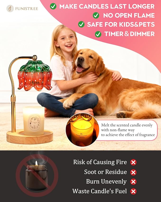 Strawberry Candle Warmer Lamp Height Adjustable, Lotus Strawberry Flower Lamp for Yankee Village Candles, Cute Candle Lamp with Timer & Dimmable, Birthday Christmas Gifts for Women Mom Adult