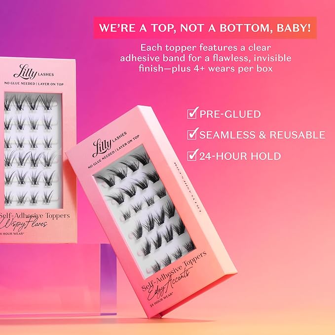 Lilly Lashes Self-Adhesive Edgy Accents Lash Clusters Toppers – Pre-Glued Clear-Band False Lashes for Effortless Application, 24 Hr All-Day Hold, Lightweight & Reusable Lash Extensions